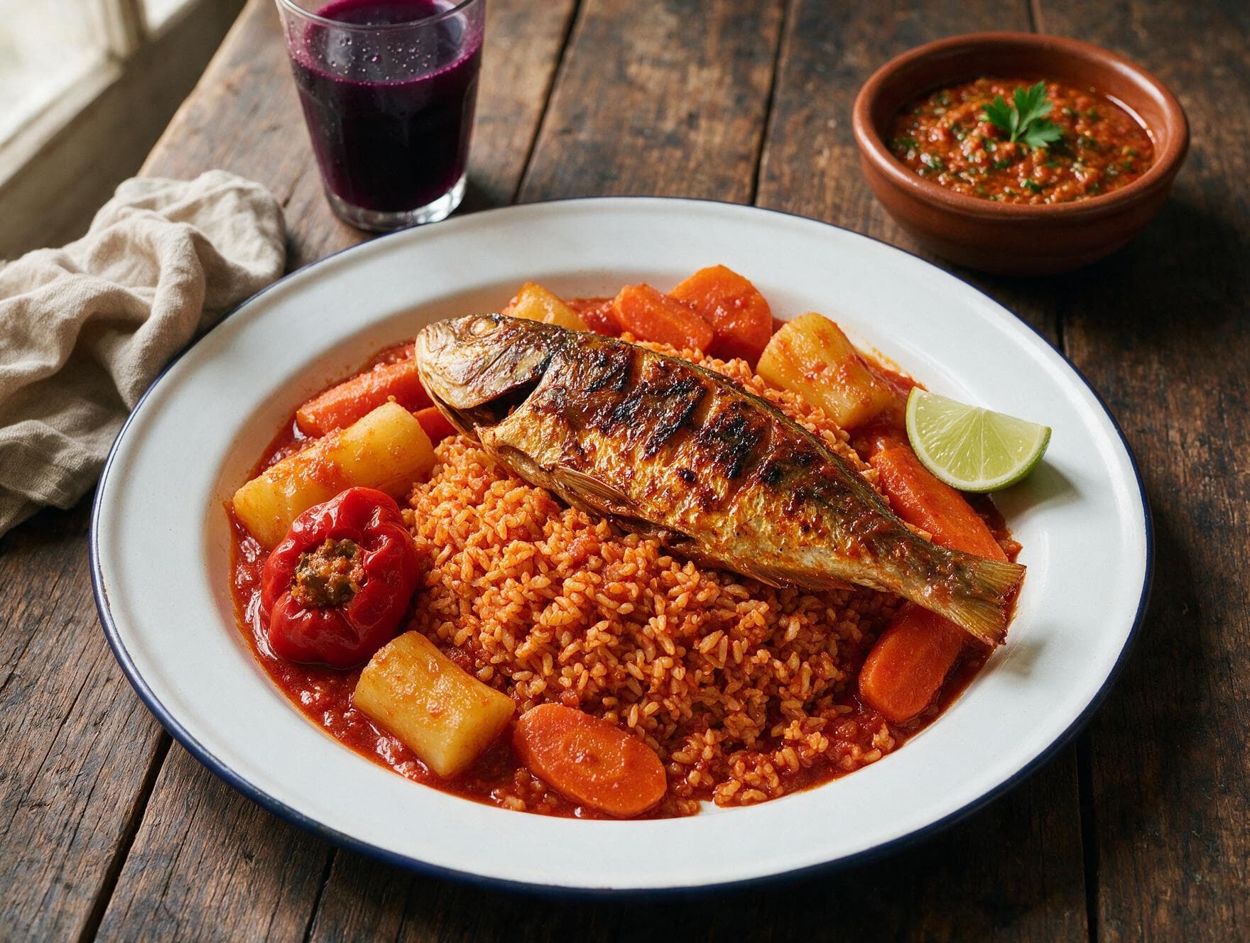 Détail du riz et du poisson grillé