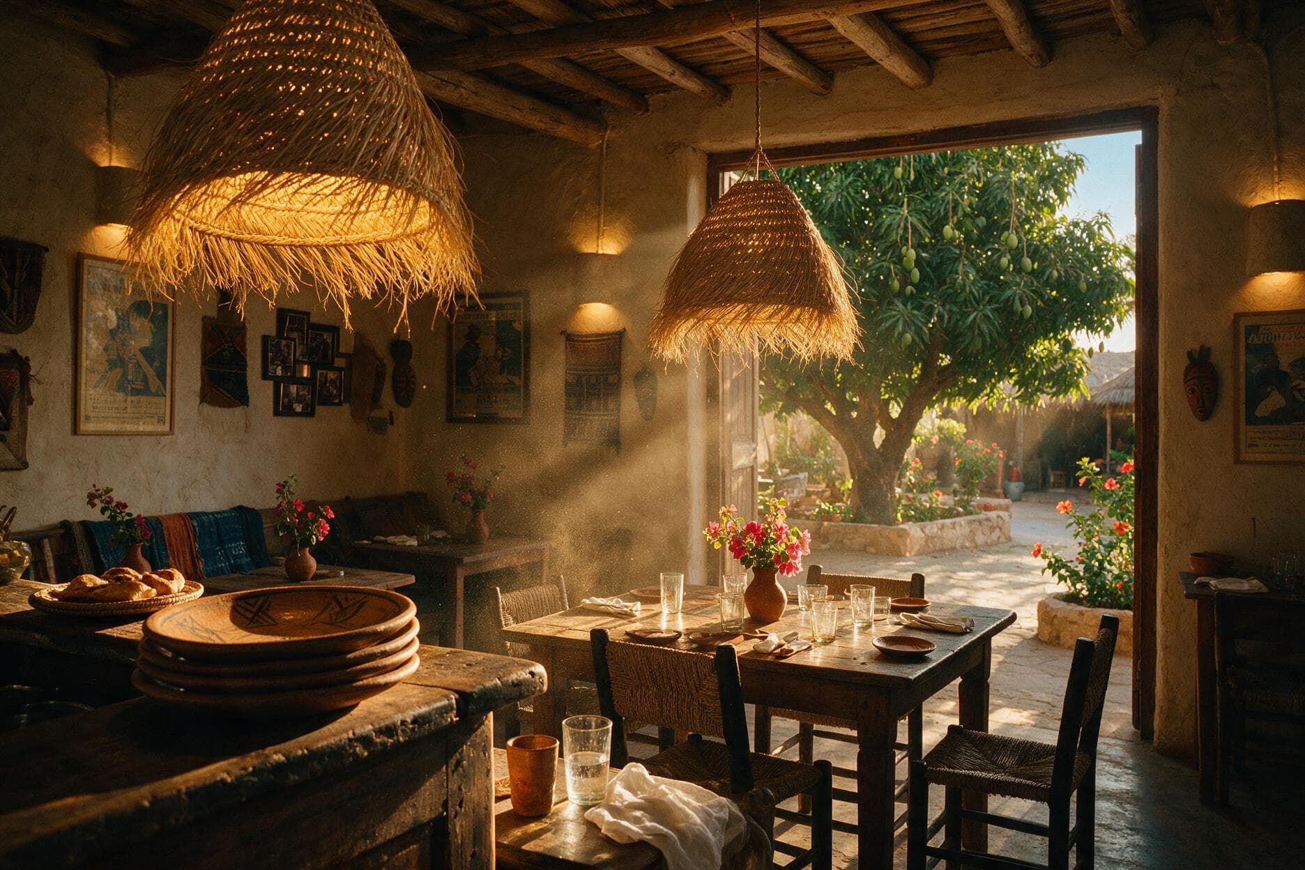 La salle en fin de service, lampes en raffia et banquettes indigo