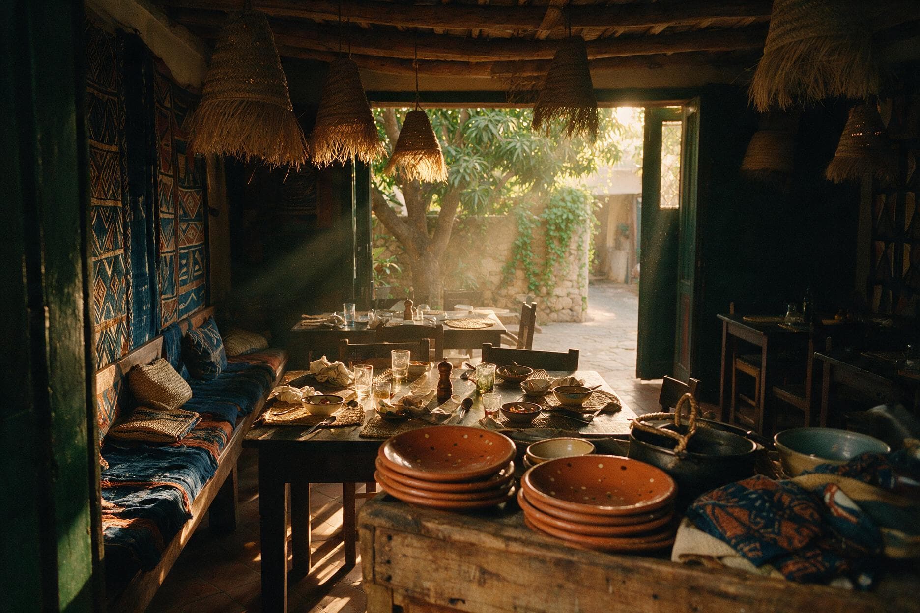 Le passe et la pile d'assiettes en terre cuite