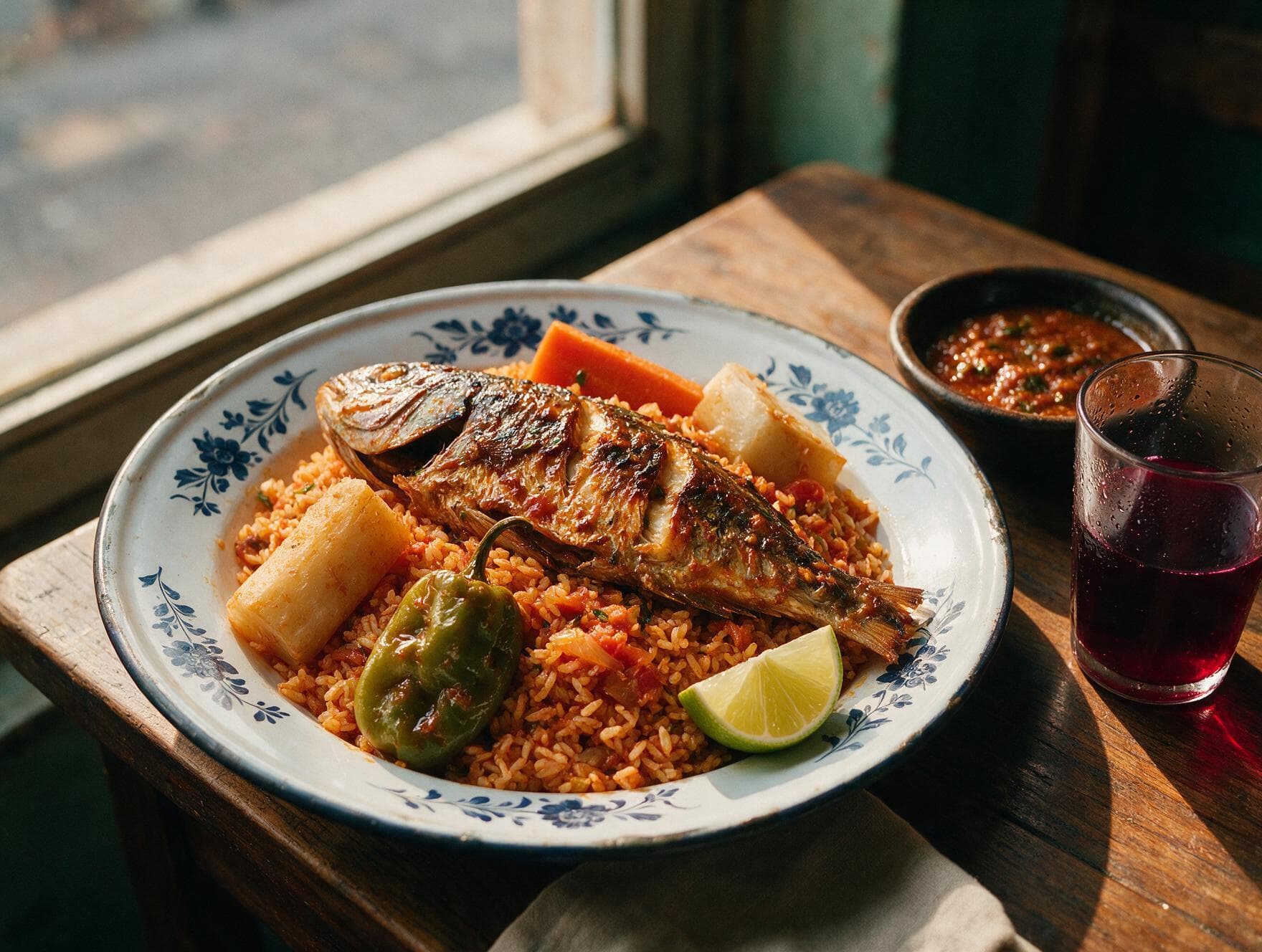 Un thiéboudienne servi près de la fenêtre, sauce kaani et bissap